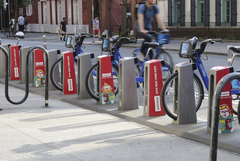 Bike share station near office towers and commuter hubs