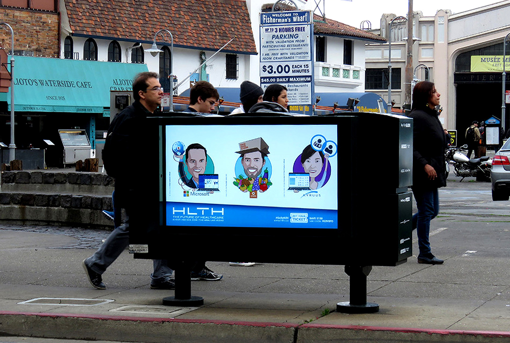 Street furniture panel near transit entrance driving foot-traffic awareness