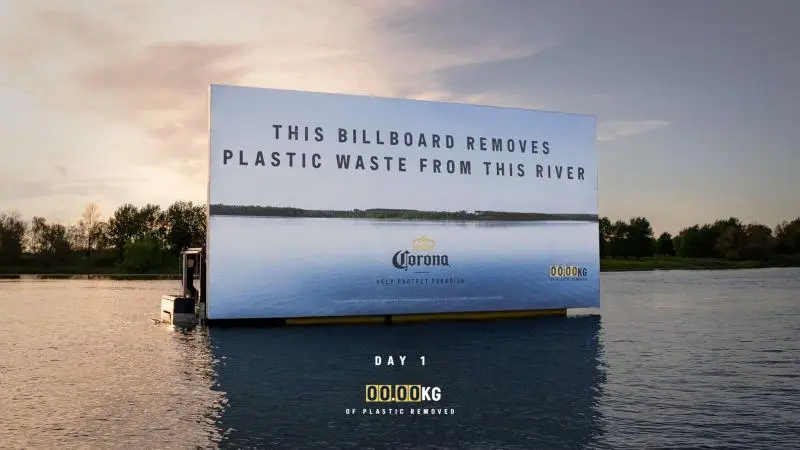Corona Billboard, on Lawrence River, This Billboard removes plastic waste from this river