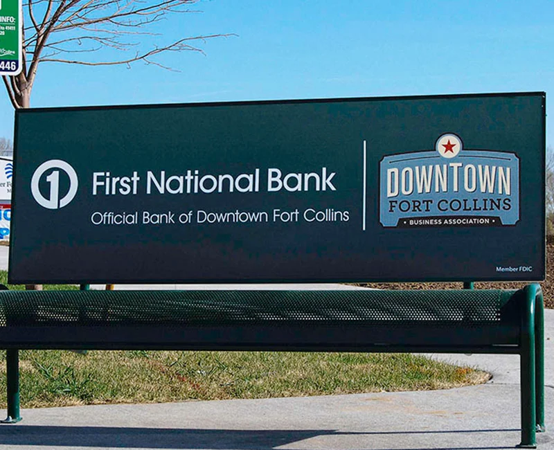 Transit Advertising at bench, First National Bank, Official Bank of Downtown Fort Collins