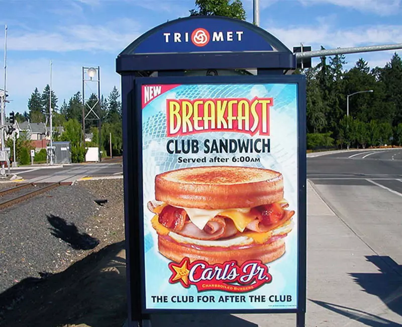 Transit Advertising Bus Stop, Breakfast, Club Sandwich, Carl's Jr.