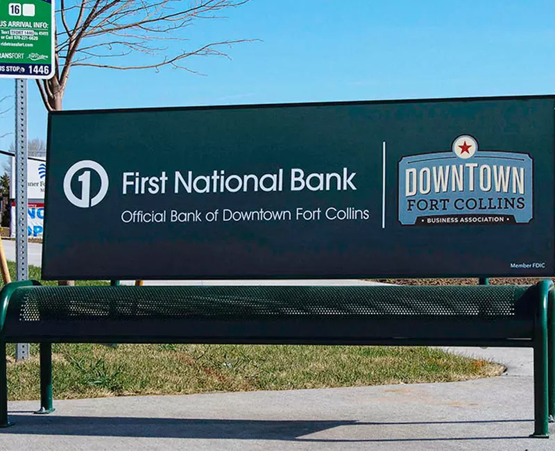 Bench Advertising, First National Bank, Official Bank of Downtown Fort Collins