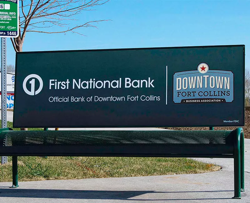 Transit Advertising Bench, First National Bank, Official Bank of Downtown Fort Collins