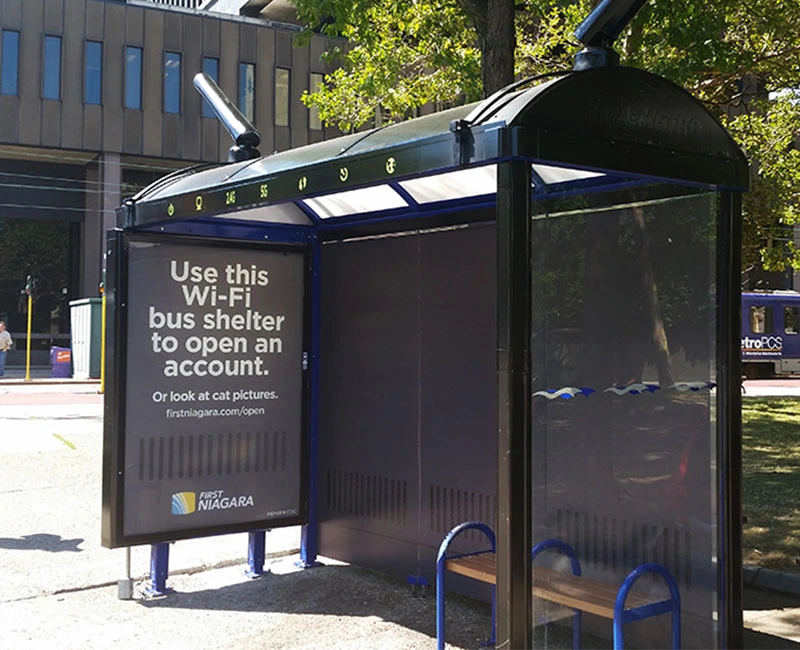 Advertising at Bus Shelter, Use this Wi-Fi bus shelter to open an account, First Niagara